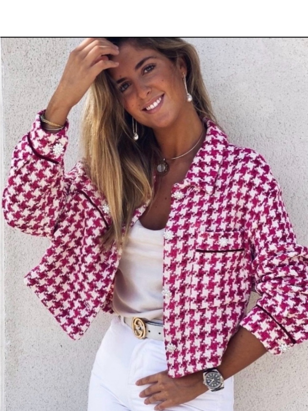 Zara Raspberry & White Houndstooth Cropped Jacket